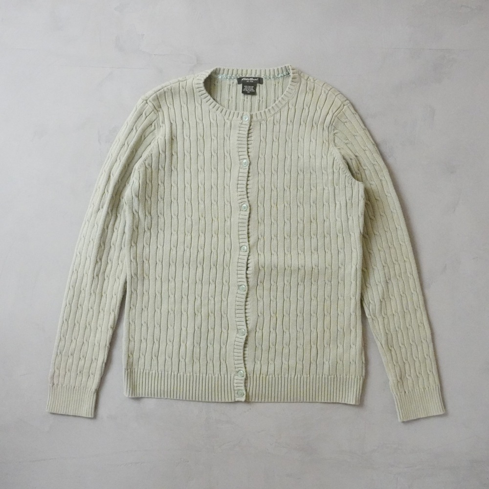 Eddie Bauer Cable Knit Cardigan Sweater Medium Womens Sage Green Cotton Blend